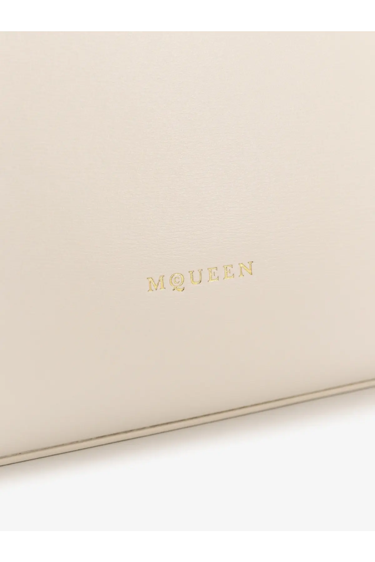 Cream-colored leather Alexander McQueen birdee large shoulder bag with gold-embossed mqueen logo