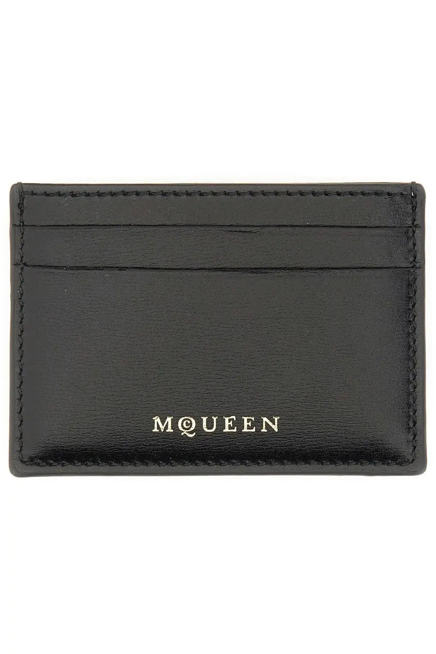 Alexander McQueen women’s black leather card holder with silver m@queen branding on the front