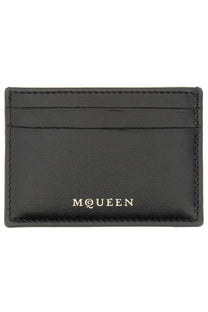 Alexander McQueen women’s black leather card holder with silver m@queen branding on the front