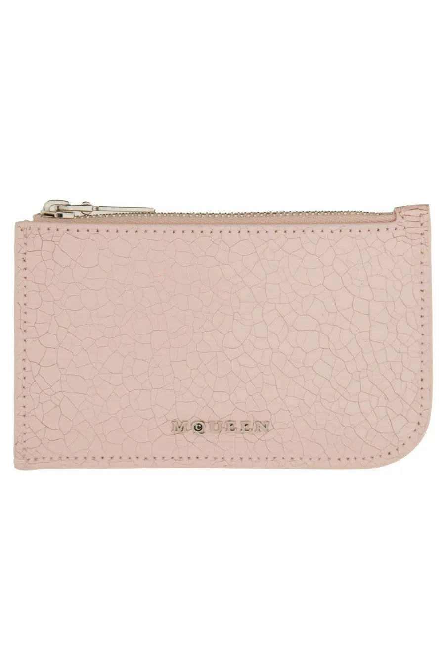 Alexander mcqueen women’s card holder in pale pink cracked leather with silver zipper and mouren logo embossing