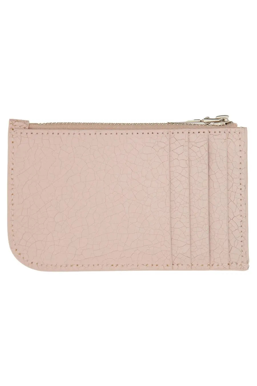 Alexander mcqueen women’s card holder in pale pink cracked leather with silver zipper and stitched edges