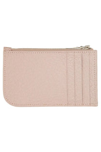 Alexander mcqueen women’s card holder in pale pink cracked leather with silver zipper and stitched edges