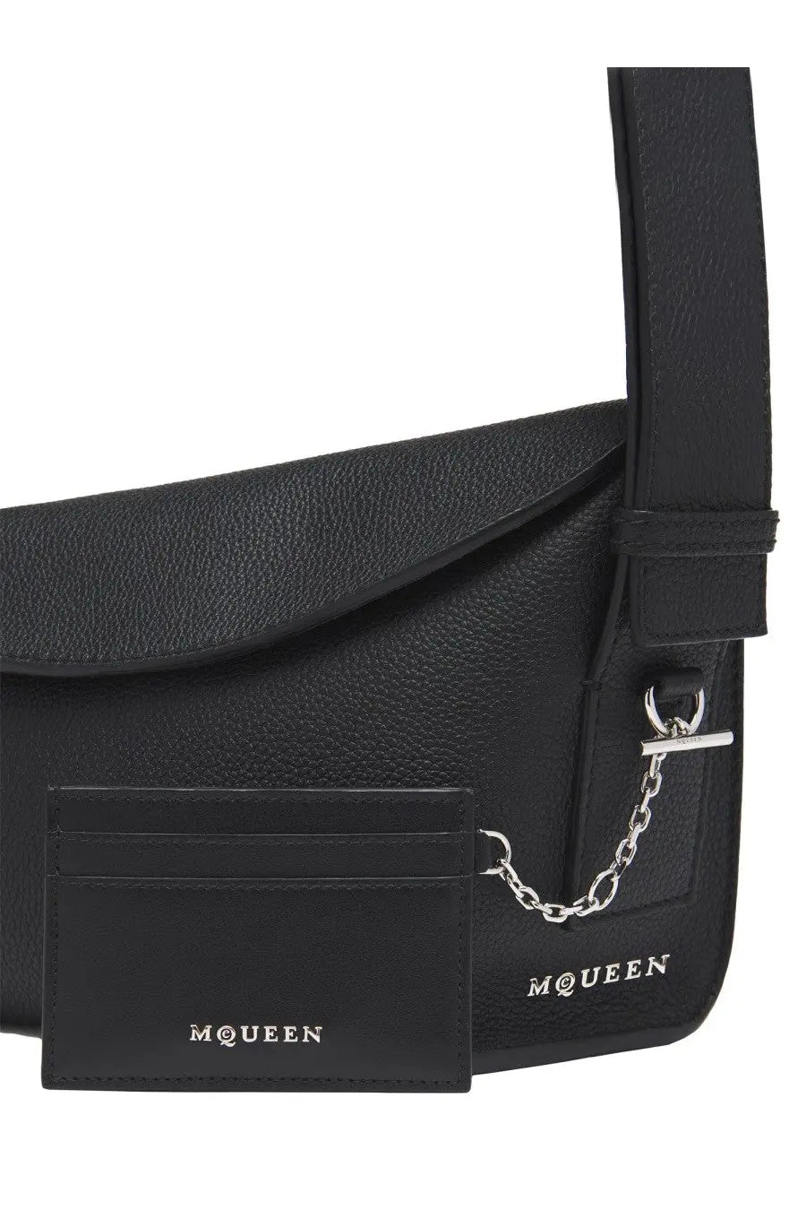 Alexander McQueen women’s black leather crossbody bag with silver-tone hardware and matching cardholder sling