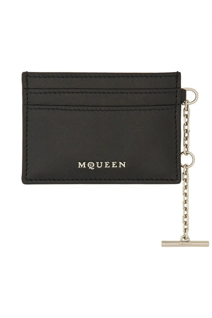 Black leather card holder with silver chain and mcqueen logo for women by Alexander McQueen