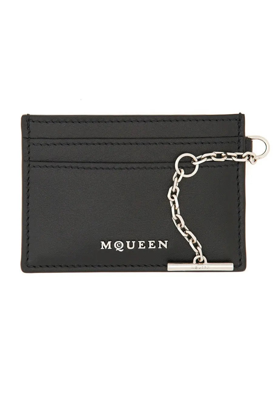 Black leather card holder with silver chain and mcqueen logo from alexander mcqueen women’s collection