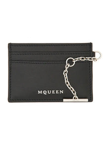 Black leather card holder with silver chain and mcqueen logo from alexander mcqueen women’s collection