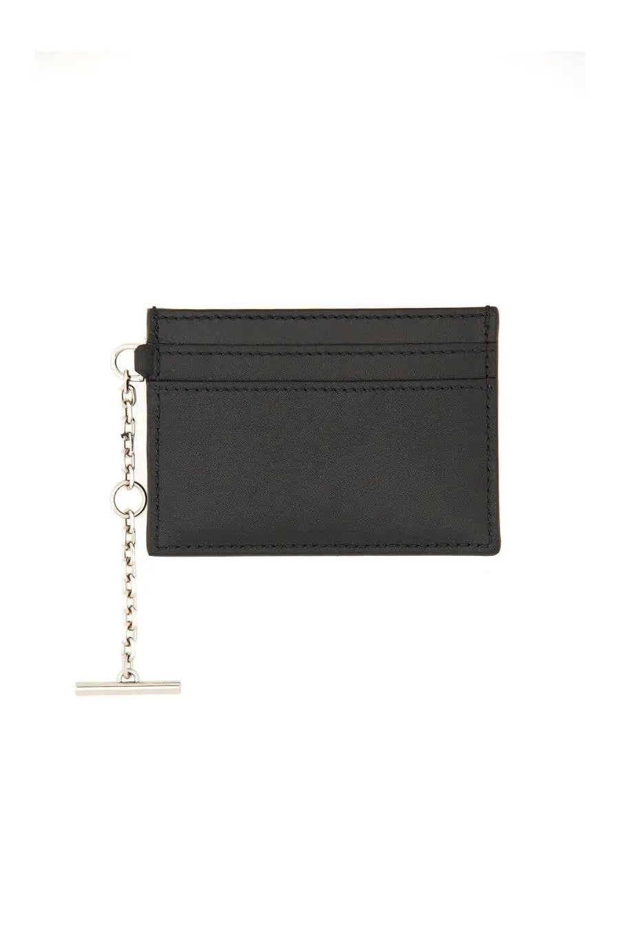 Alexander mcqueen women’s black leather card holder sling with silver chain and t-bar clasp