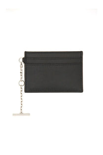 Alexander mcqueen women’s black leather card holder sling with silver chain and t-bar clasp