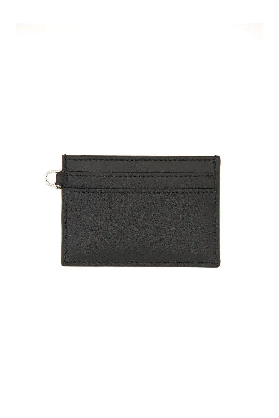 Alexander McQueen women’s black leather card holder sling with a silver metal ring on the top left corner