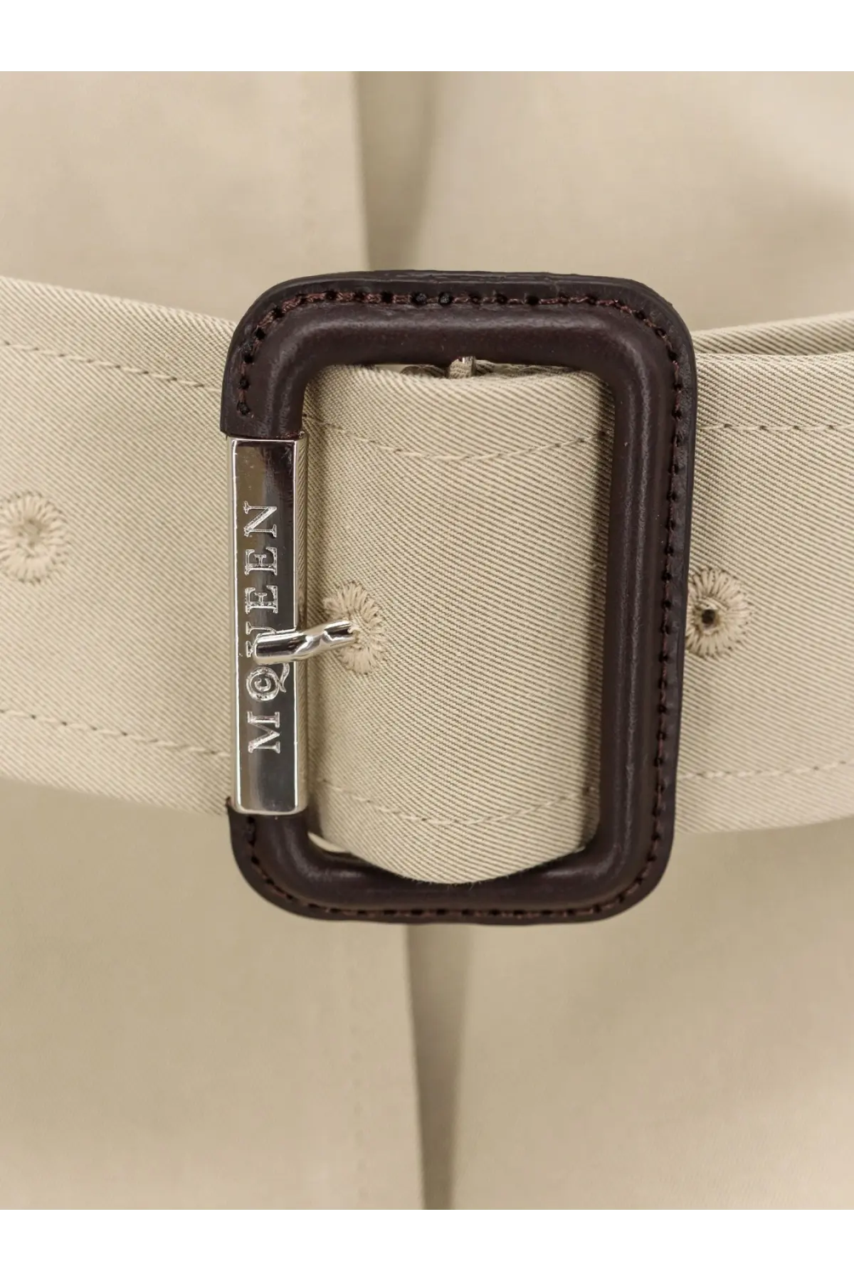 Alexander McQueen women’s cotton trench beige with beige canvas belt and dark brown leather buckled mcqueen logo buckle