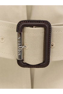 Alexander McQueen women’s cotton trench beige with beige canvas belt and dark brown leather buckled mcqueen logo buckle