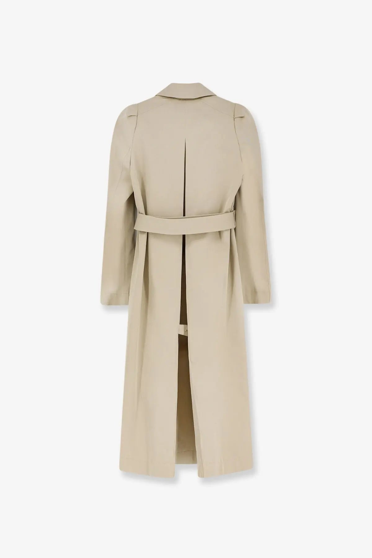 Alexander McQueen women’s cotton trench coat in beige with matching belt and structured shoulders visible from the front