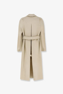 Alexander McQueen women’s cotton trench coat in beige with matching belt and structured shoulders visible from the front