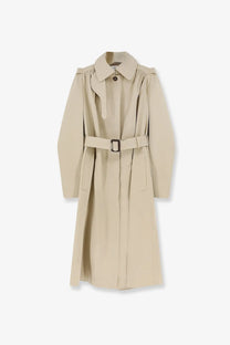 Alexander McQueen women’s beige cotton trench coat with structured collar belted waist and shoulder pleats