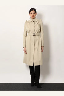 Alexander McQueen women’s beige cotton trench coat with structured collar belted waist and long sleeves