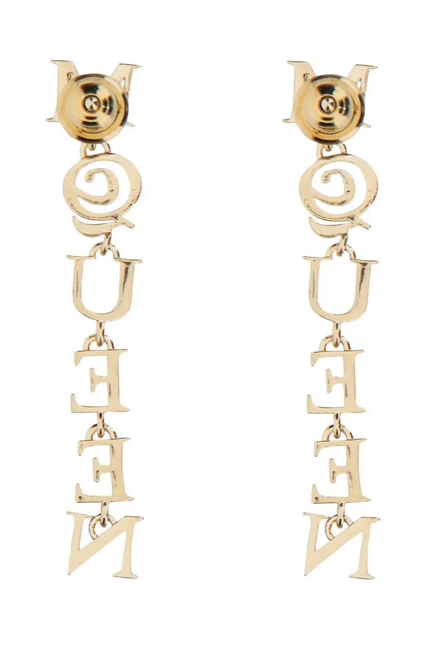 Alexander McQueen women’s gold-tone drop earrings with stacked uppercase queen lettering and polished metallic finish