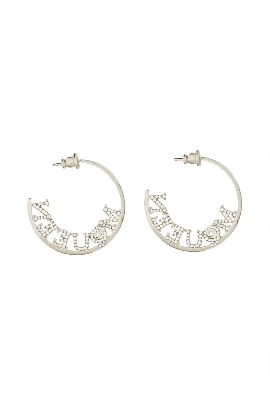 Alexander McQueen women’s silver hoop earrings with sparkling rhinestone fashion lettering along the curve