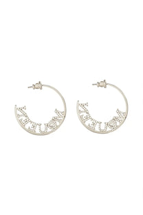 Alexander McQueen women’s silver hoop earrings with sparkling rhinestone fashion lettering along the curve