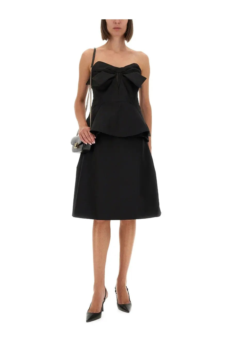 Alexander mcqueen women’s black strapless peplum dress with large bow at bust and flared midi skirt