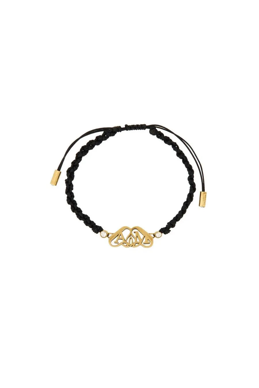 Alexander McQueen women’s friendship bracelet in black braided cord with gold toned celtic knot charm and white beads