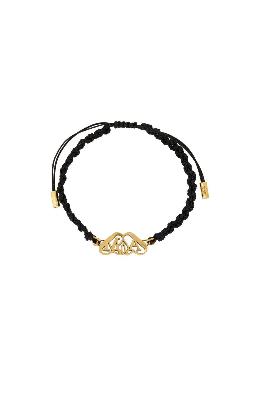 Black braided cord friendship bracelet by Alexander McQueen with gold-toned celtic knot charm and metal clasps
