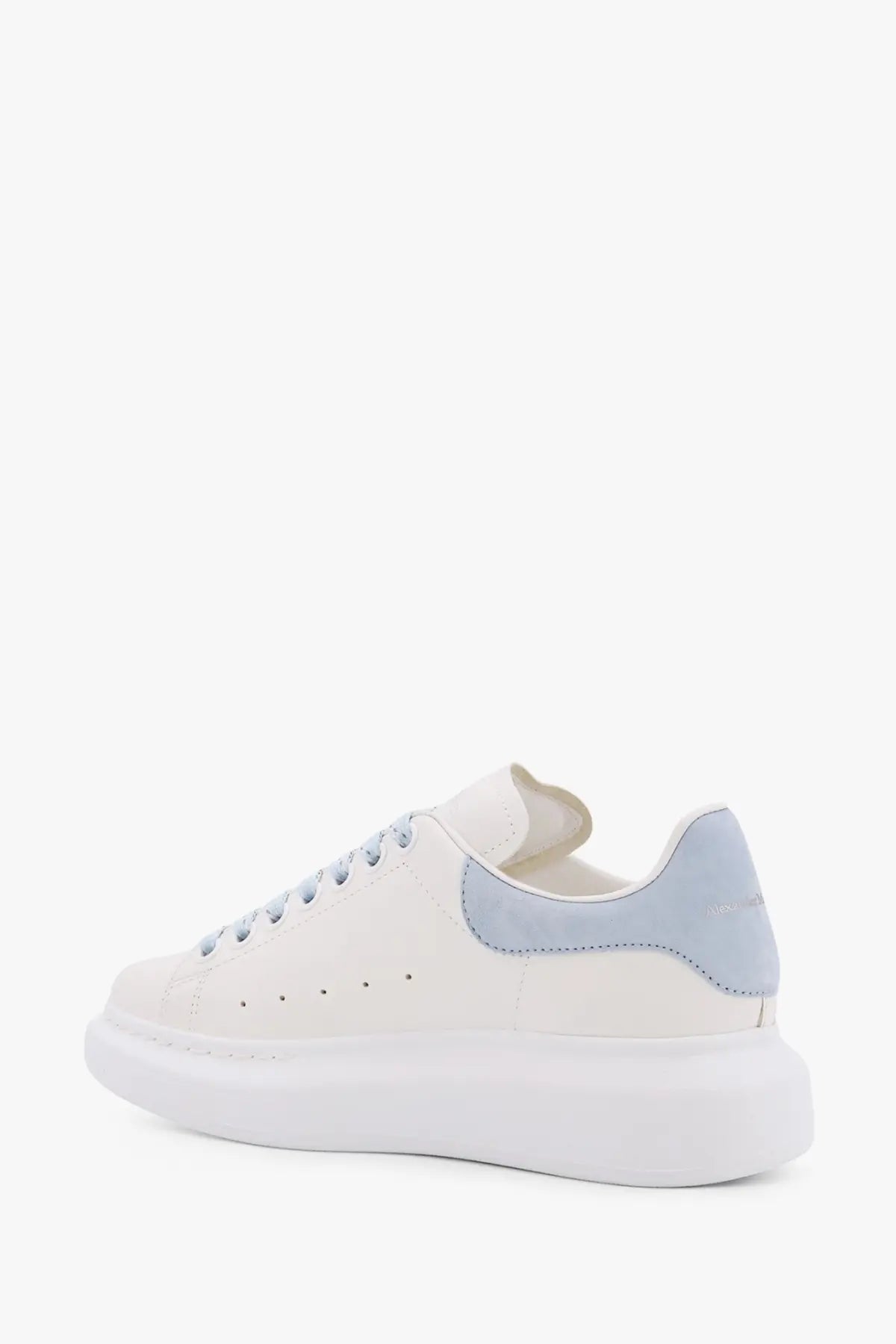 Alexander McQueen women’s Larry low top leather sneakers in white with light blue suede heel tab and matching laces