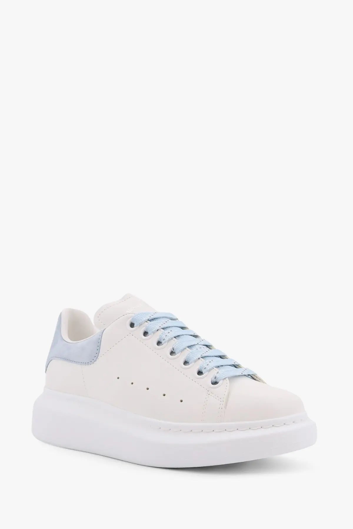 Alexander McQueen women’s Larry low top leather sneaker in white with light blue suede accents and chunky sole