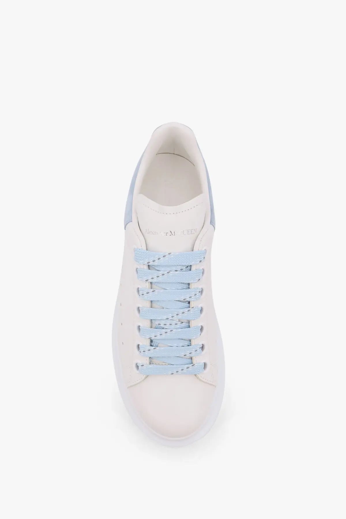 Alexander McQueen women’s Larry low top leather sneaker in white with light blue laces and matching side panels