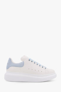 Alexander McQueen women’s Larry low top leather sneakers in white with light blue suede accents and matching laces