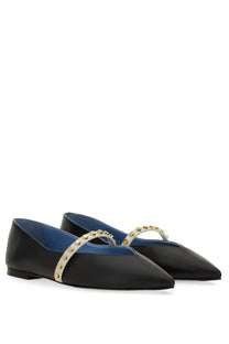 Alexander McQueen women’s black leather ballerina flats with a white strap featuring gold studs across the toe