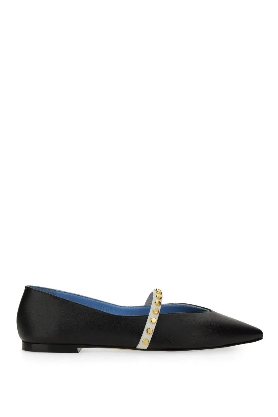 Alexander McQueen women’s black leather ballerina flat shoe with pointed toe and gold-toned studs on a white strap