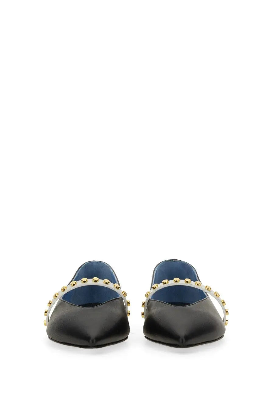 Alexander McQueen women’s leather ballerina black mules with white strap and gold stud detailing visible from the back