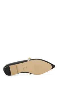 Alexander McQueen women’s black leather ballerina flat shoe with pointed toe and silver-toned buckle detail