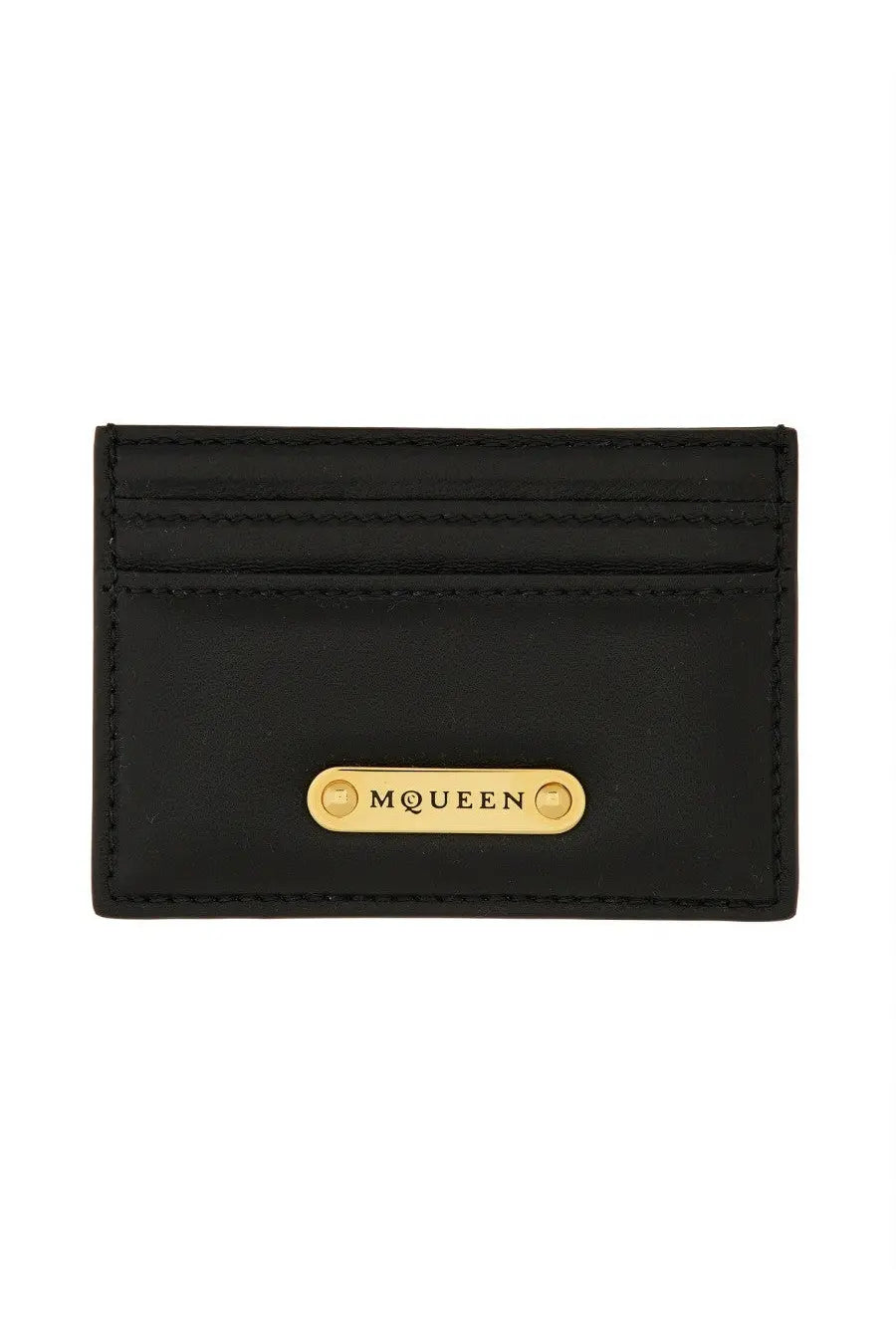 Alexander McQueen women’s black leather card holder with gold tone McQueen plaque front view
