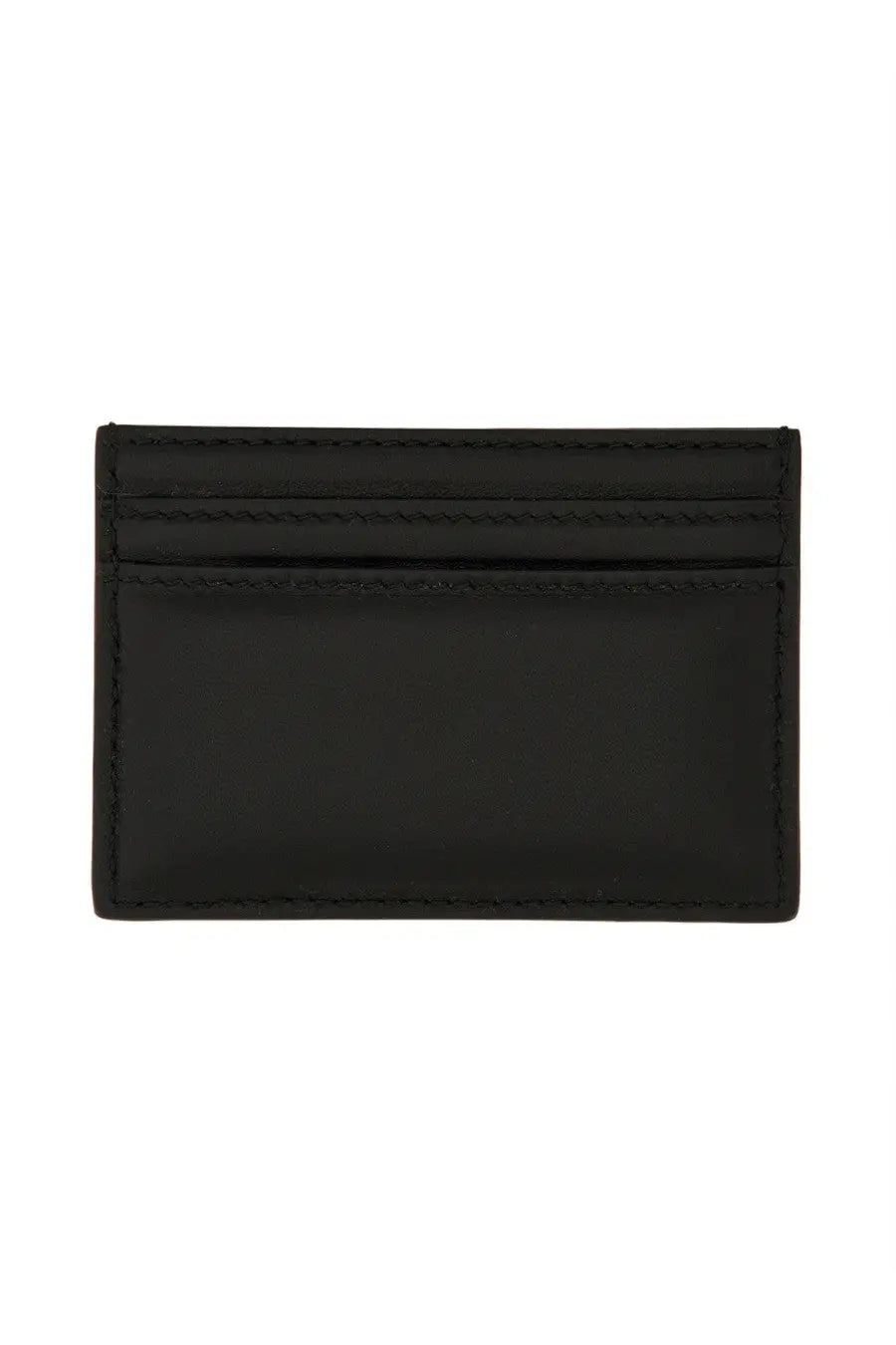 Black leather Alexander McQueen women’s card holder with precise stitching and sleek minimalist design