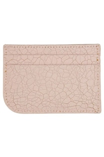 Alexander McQueen women’s leather card holder in blush pink cracked leather with gold toned stitching along edges