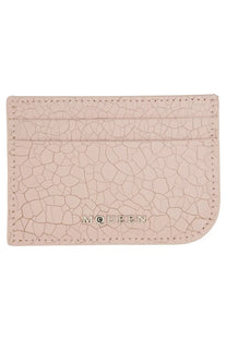 Alexander McQueen women’s leather card holder in pale pink cracked texture with silver-tone McQueen branding