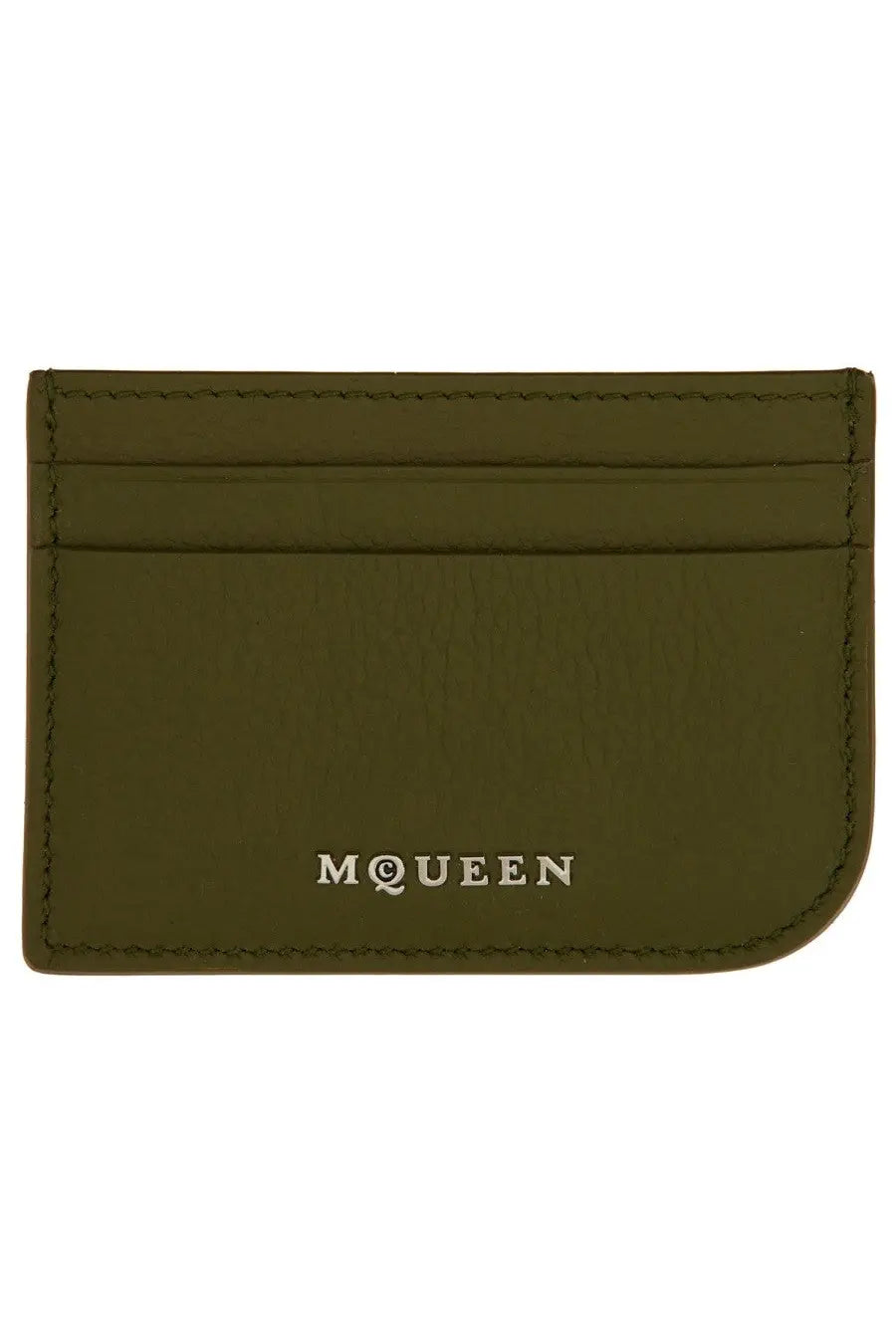 Olive green leather card holder with silver embossed mqueen logo by Alexander McQueen for women