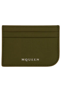 Olive green leather card holder with silver embossed mqueen logo by Alexander McQueen for women