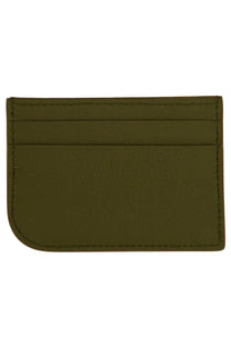 Olive green leather card holder by Alexander McQueen with neat stitching along the edges for women