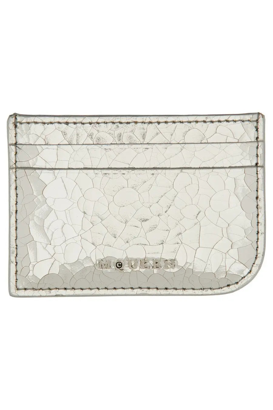 Alexander McQueen women’s silver cracked leather card holder with embossed moulen logo front view