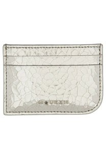 Alexander McQueen women’s silver cracked leather card holder with embossed moulen logo front view