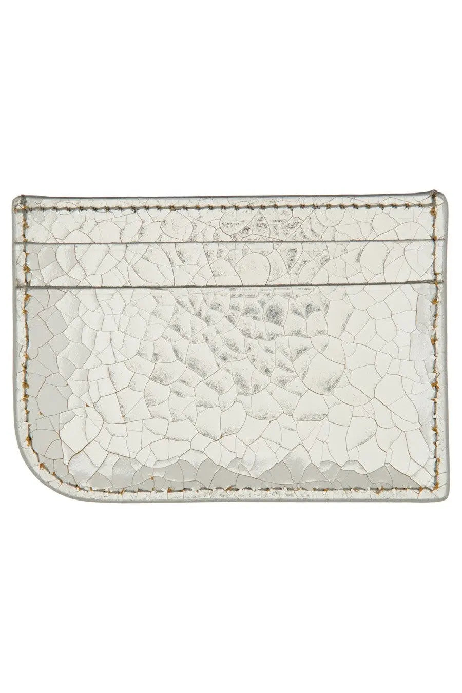 Alexander McQueen women’s white cracked leather card holder with visible stitching and silver detailing