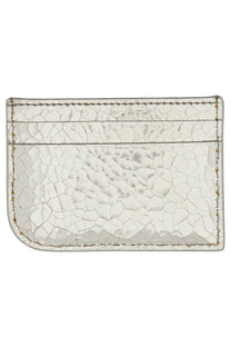Alexander McQueen women’s white cracked leather card holder with visible stitching and silver detailing