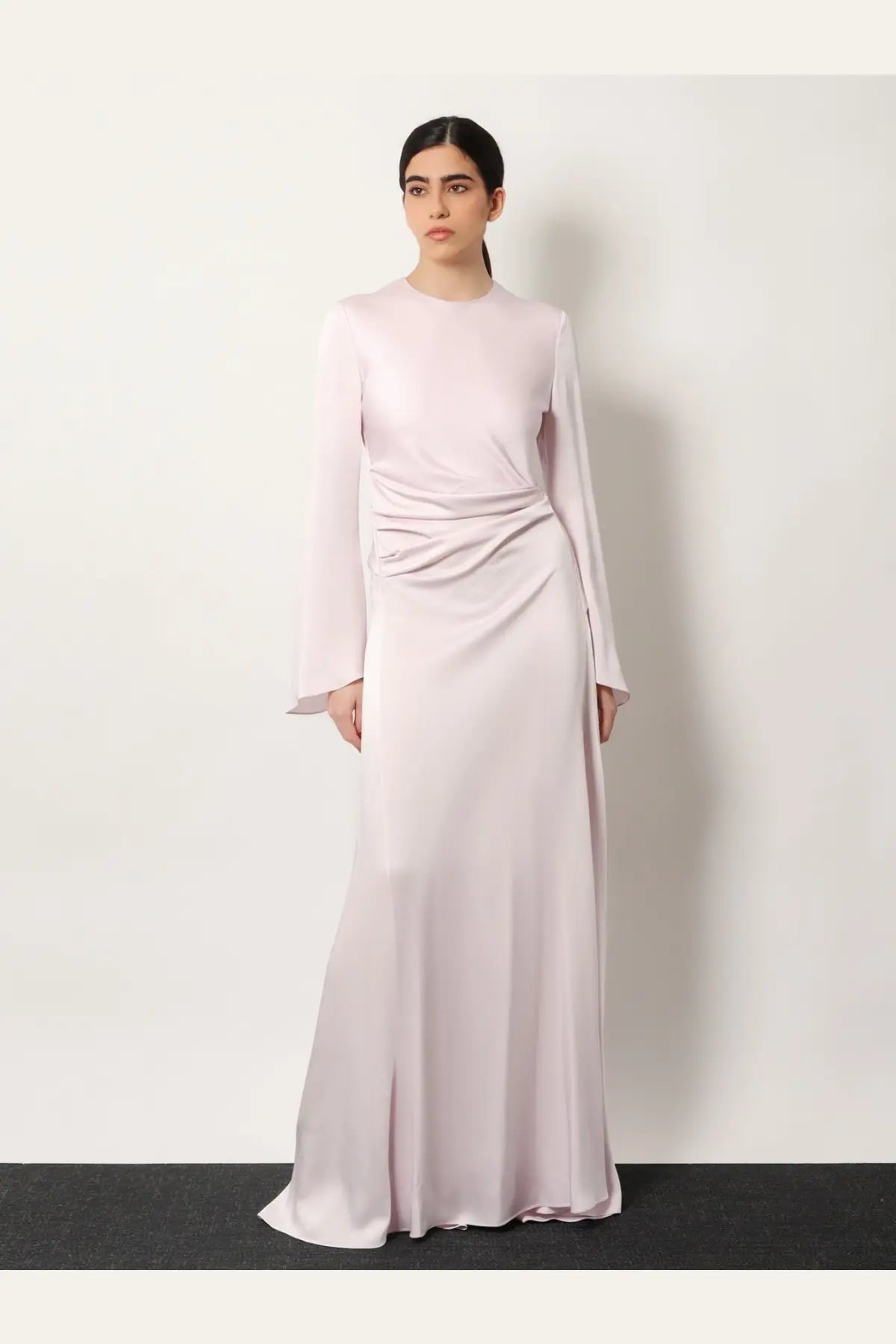 Alexander McQueen women’s long blue satin dress with flowing pale pink hue long sleeves and draped waist detail