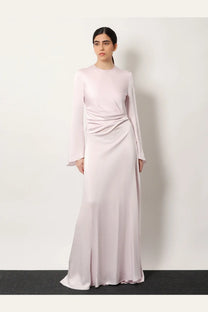 Alexander McQueen women’s long blue satin dress with flowing pale pink hue long sleeves and draped waist detail