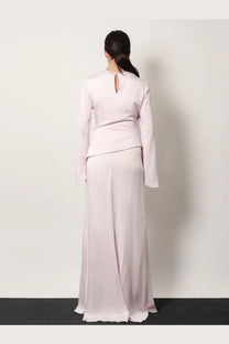 Alexander McQueen women’s blue satin long dress with long sleeves and a back keyhole detail shown from the back