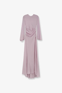 Alexander McQueen women’s long soft lavender gown with long sleeves draped front and asymmetrical hemline