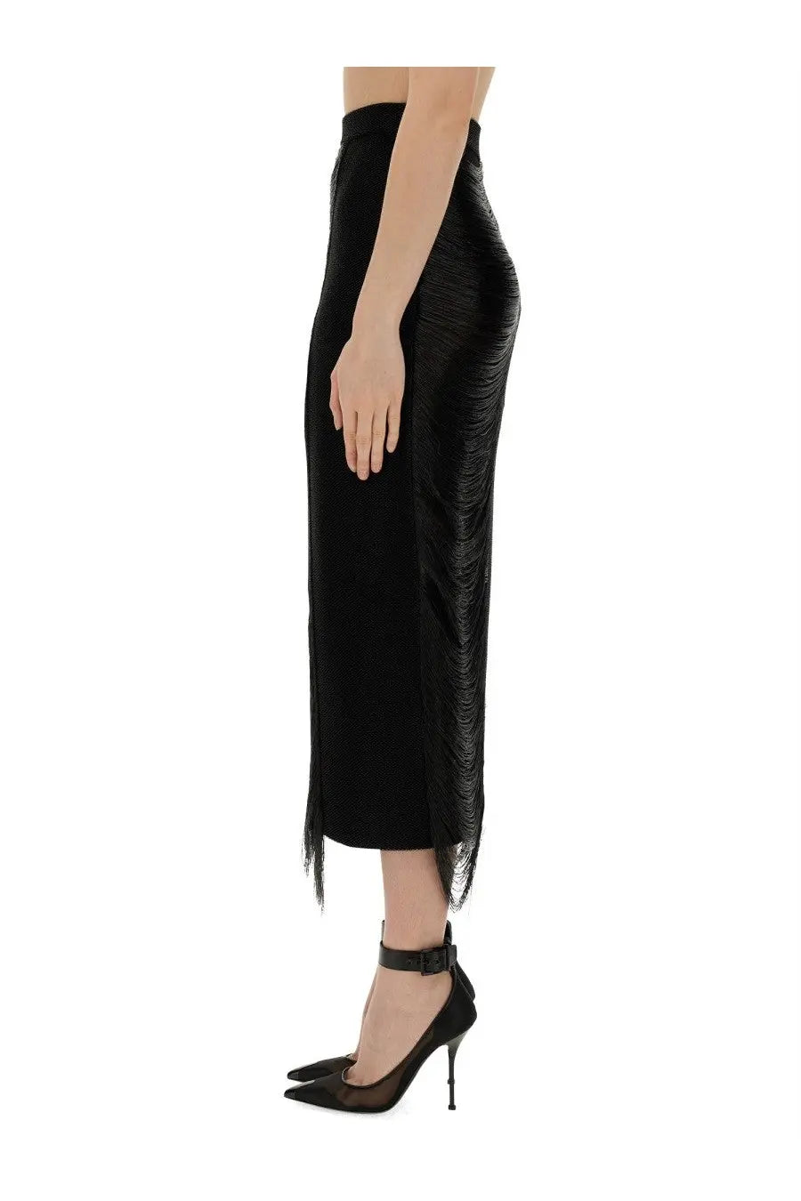Alexander McQueen women’s black high-waisted midi skirt with textured glossy fabric and long side fringe detail