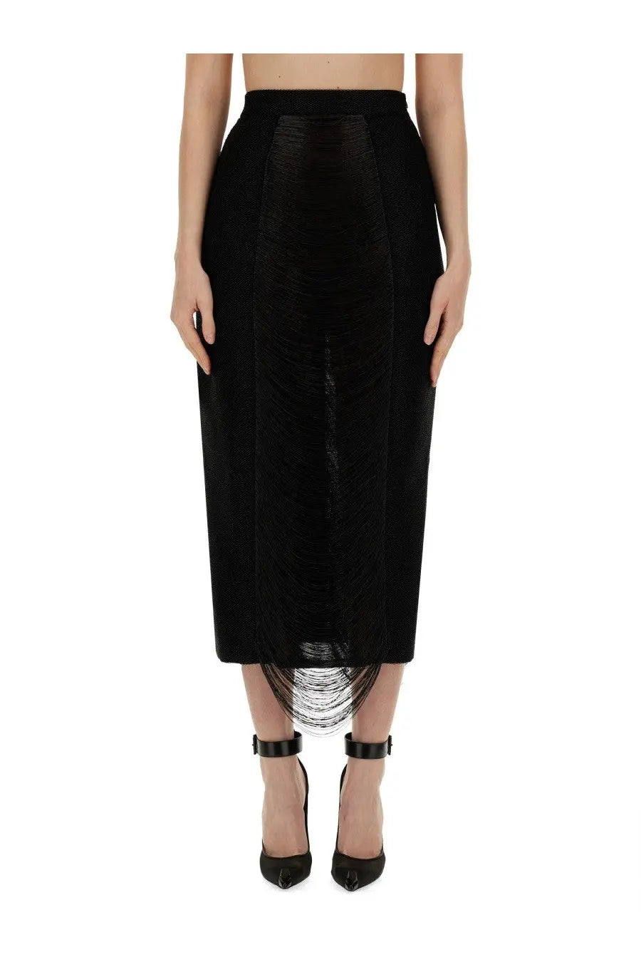 Alexander McQueen women’s long black midi skirt with textured ribbed front panel and delicate fringe hem detailing